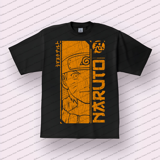 Naruto Orange Vertical Text Distressed Anime Graphic T-Shirt