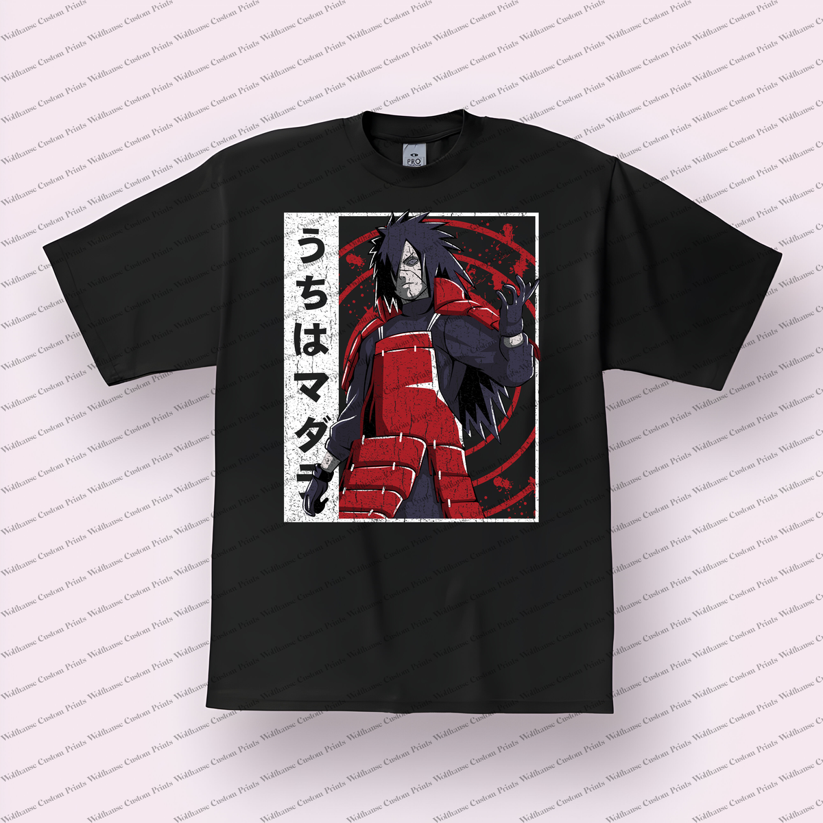 Madara Standing Pose Japanese Text Distressed Anime Graphic T-Shirt