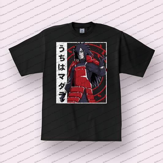 Madara Standing Pose Japanese Text Distressed Anime Graphic T-Shirt