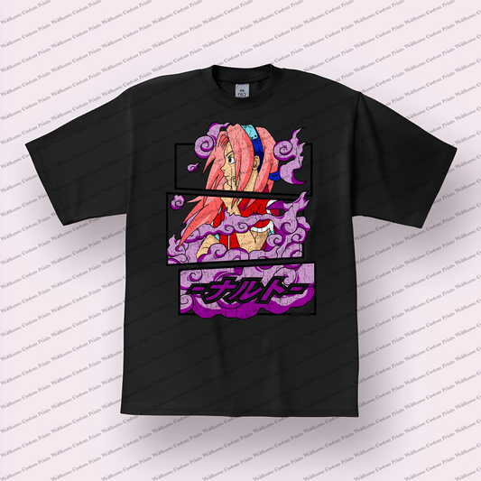Sakura Pink Hair Purple Clouds Distressed Anime Graphic T-Shirt