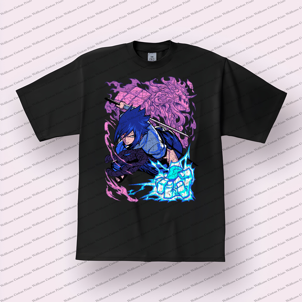 Madara Susanoo Pink Flames Sword Distressed Anime Graphic T-Shirt