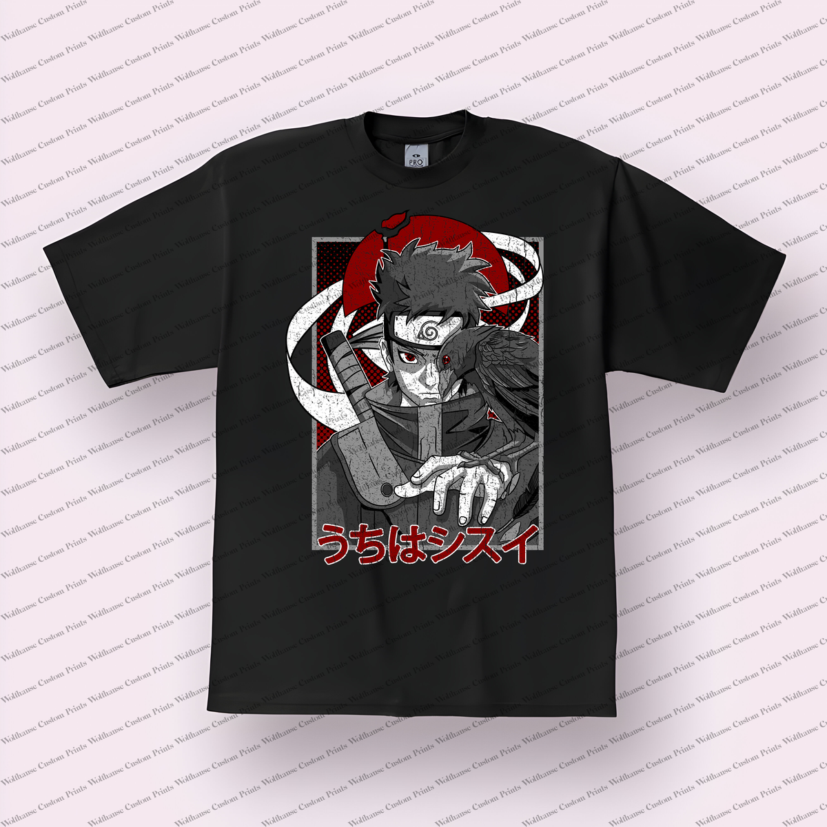 Shisui Red Moon Crow Japanese Text Distressed Anime Graphic T-Shirt