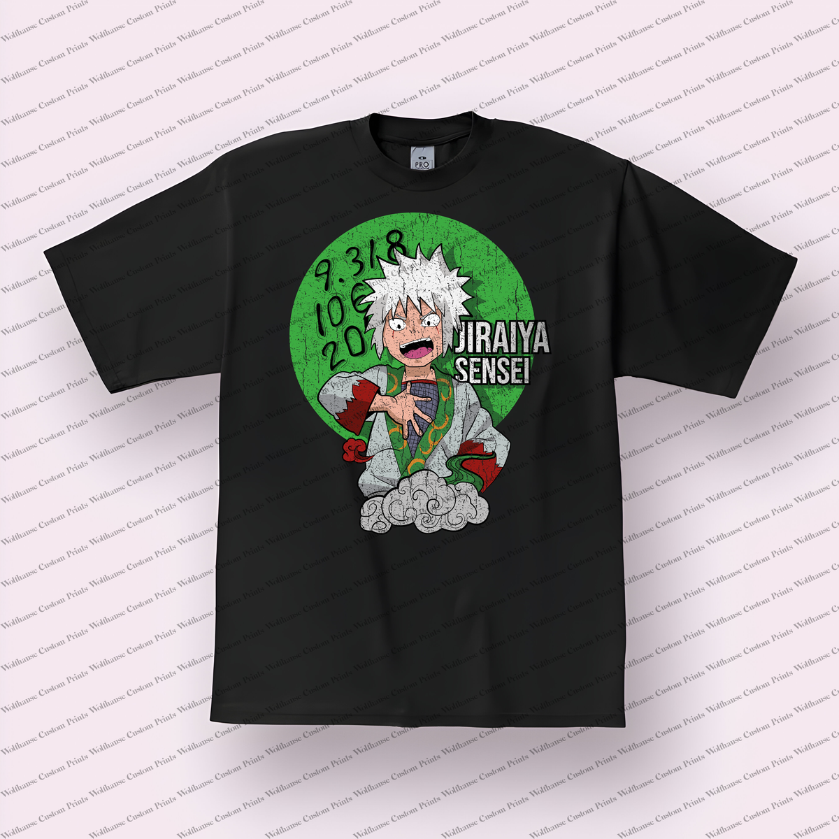 Jiraiya Green Circle Laughing Sensei Text Distressed Anime Graphic T-Shirt