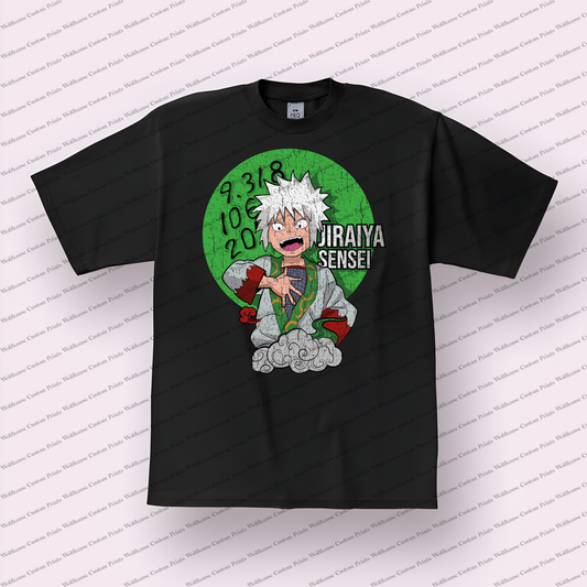 Jiraiya Green Circle Laughing Sensei Text Distressed Anime Graphic T-Shirt