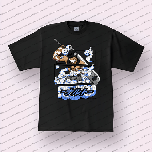 Zabuza Greatsword Blue Clouds Masked Distressed Anime Graphic T-Shirt