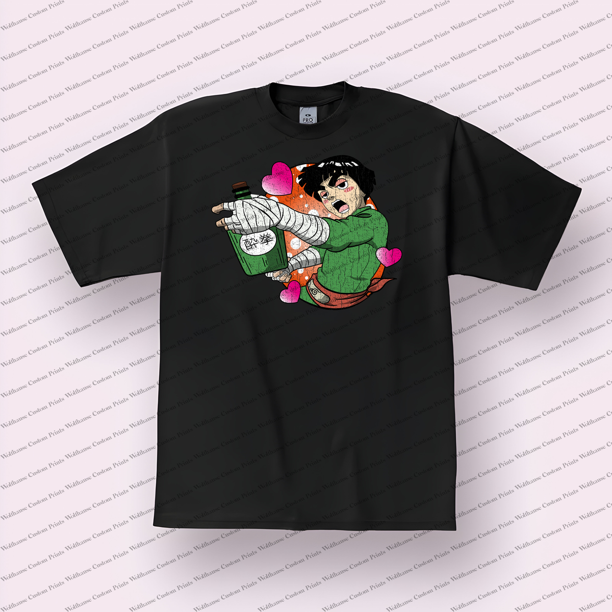 Rock Lee Drunk Fist Sake Hearts Distressed Anime Graphic T-Shirt