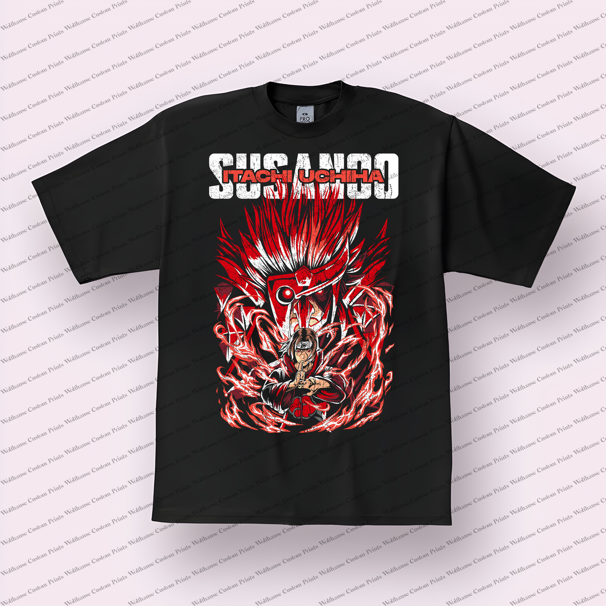 Itachi Susanoo Red Text Distressed Anime Graphic T-Shirt