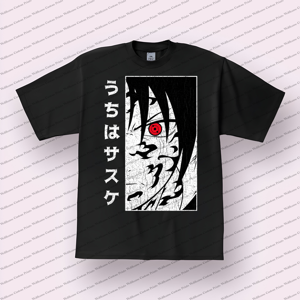 Sasuke Sharingan Close-up Japanese Text Distressed Anime Graphic T-Shirt