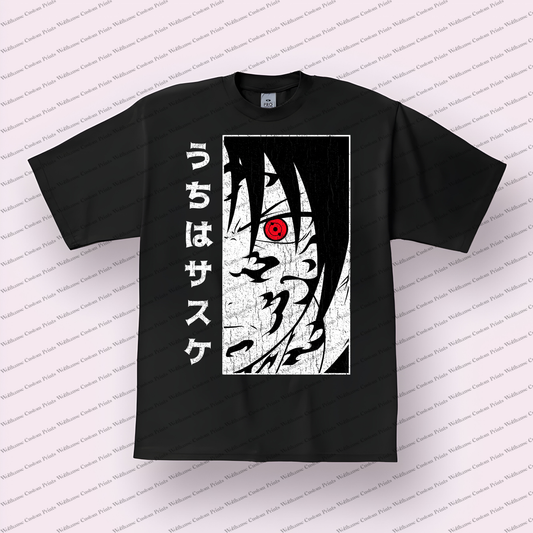 Sasuke Sharingan Close-up Japanese Text Distressed Anime Graphic T-Shirt