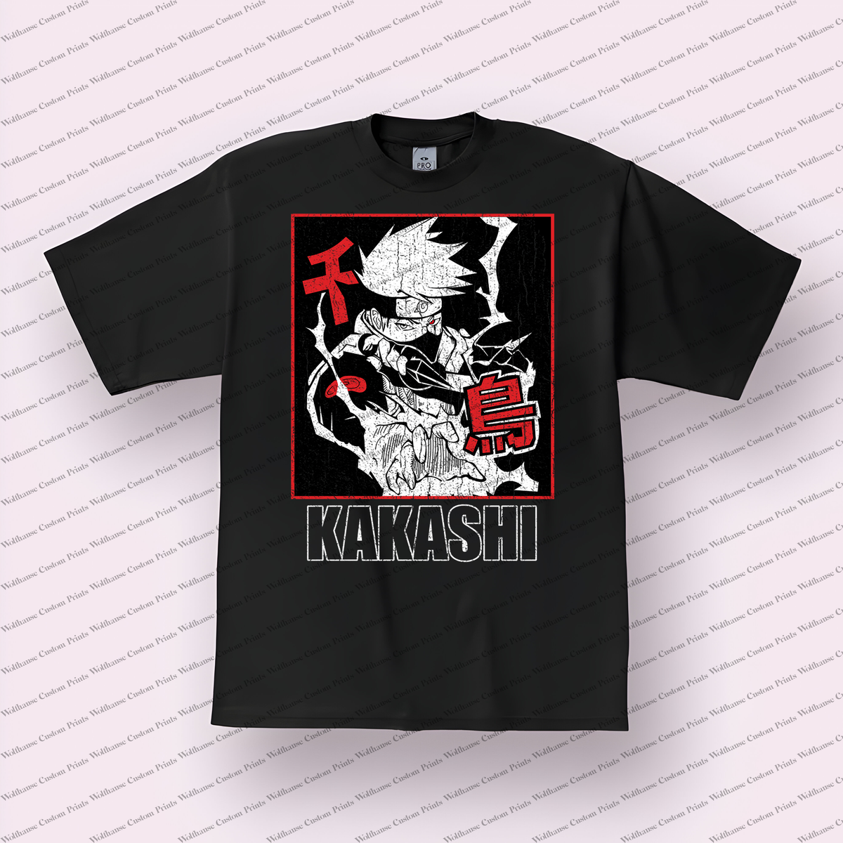 Kakashi Chidori Lightning Red Kanji Distressed Anime Graphic T-Shirt