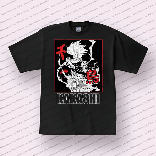 Kakashi Chidori Lightning Red Kanji Distressed Anime Graphic T-Shirt