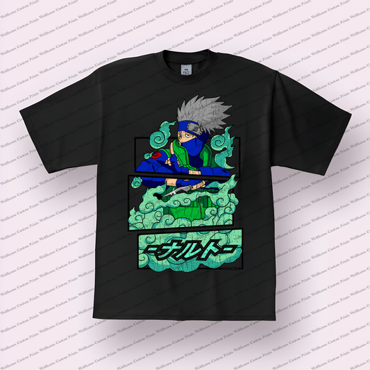 Kakashi Kunai Teal Clouds Distressed Anime Graphic T-Shirt