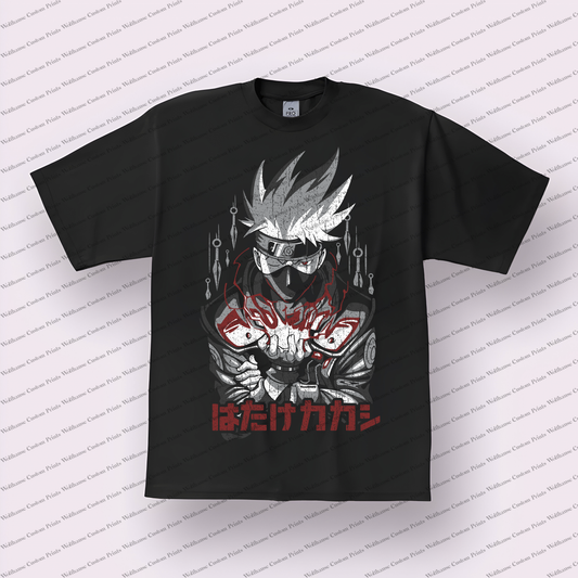 Kakashi Kunai Portrait Japanese Text Distressed Anime Graphic T-Shirt