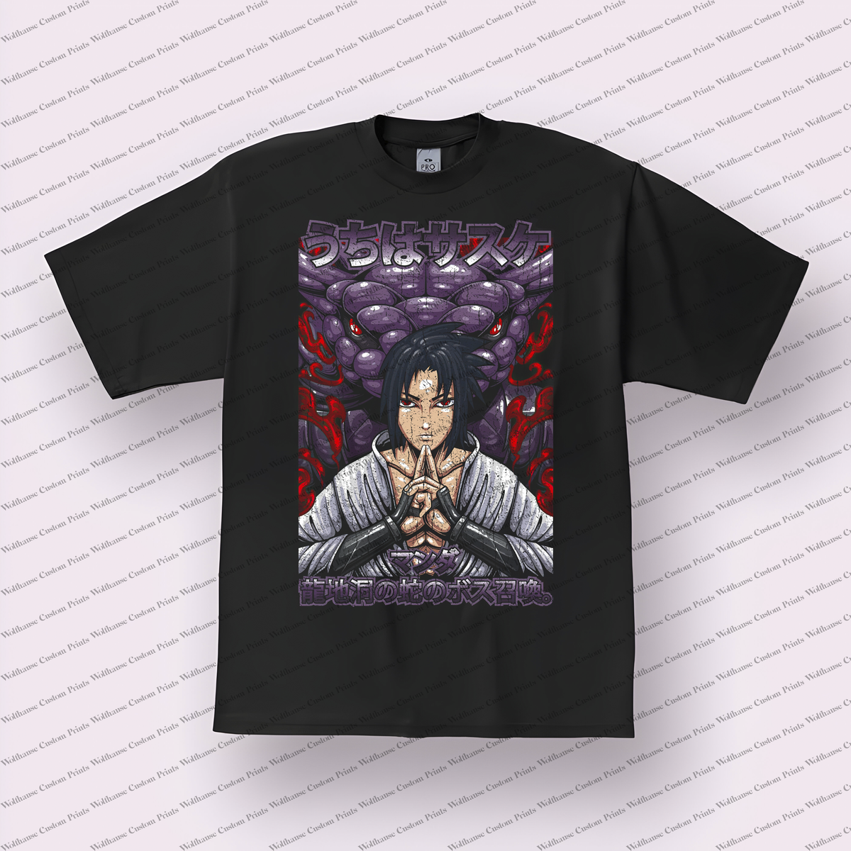 Sasuke Susanoo Purple Japanese Text Distressed Anime Graphic T-Shirt