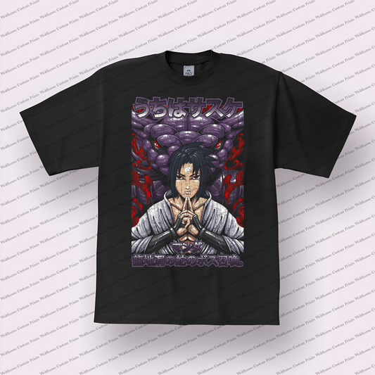 Sasuke Susanoo Purple Japanese Text Distressed Anime Graphic T-Shirt