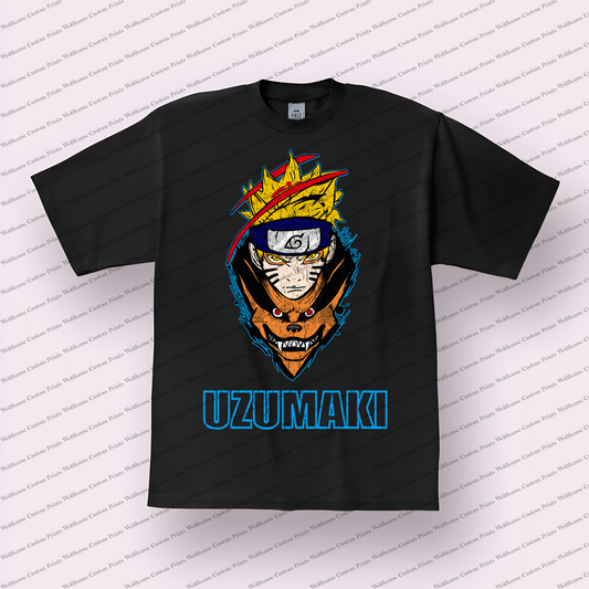 Naruto and Kurama Split Face Distressed Anime Graphic T-Shirt