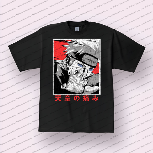 Kakashi Close-up Monochrome Red Distressed Anime Graphic T-Shirt