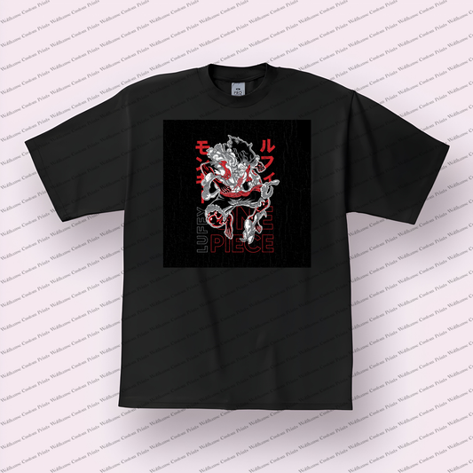 Luffy Gear 5 Dynamic Pose Red Accents Distressed Anime Graphic T-Shirt