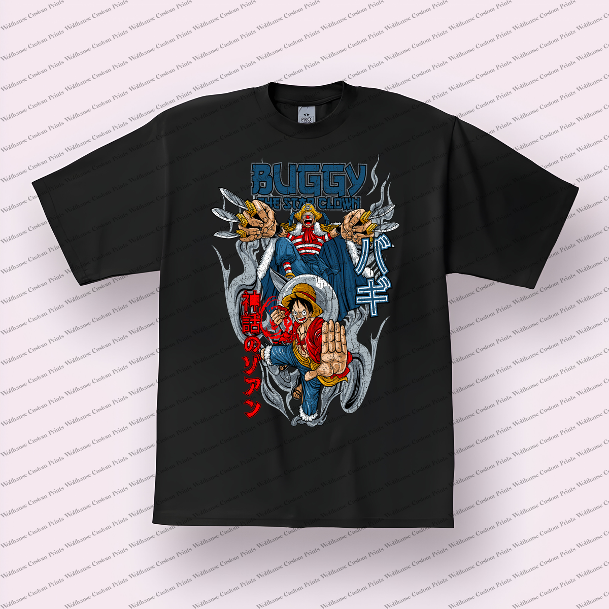 Buggy and Luffy Star Clown Portrait with Distressed Anime Graphic T-Shirt