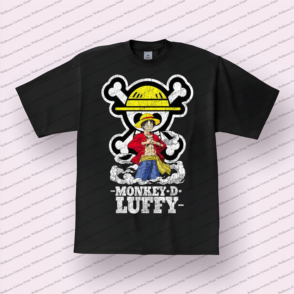 Luffy Skull Backdrop Name Emblem Distressed Anime Graphic T-Shirt