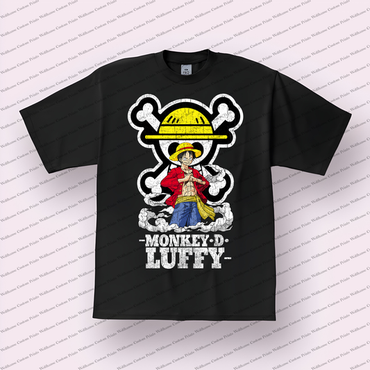 Luffy Skull Backdrop Name Emblem Distressed Anime Graphic T-Shirt