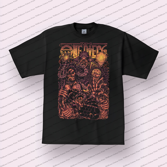 Kaido Character Collage Orange Tones Distressed Anime Graphic T-Shirt