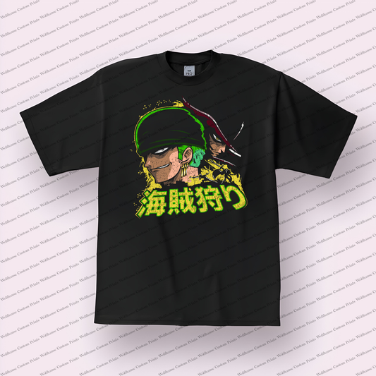 Zoro Bandana Portrait Pirate Hunter Text Distressed Anime Graphic T-Shirt