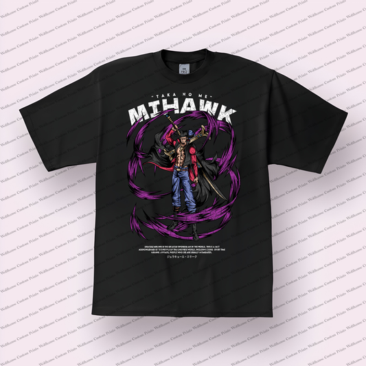 Mihawk Sword Pose Purple Swirl Distressed Anime Graphic T-Shirt