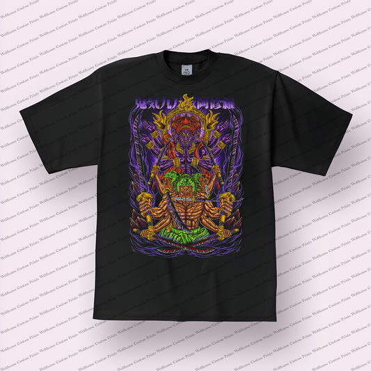 Zoro and Kaido Vs Battle Purple Neon Distressed Anime Graphic T-Shirt