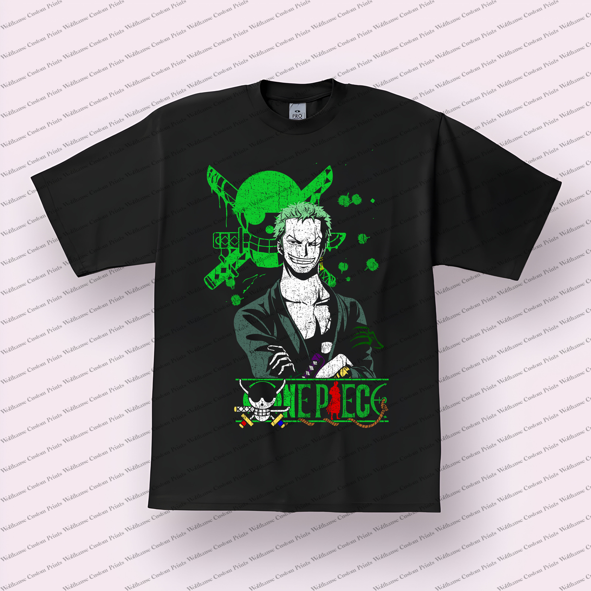 Zoro Crossed Arms Green Skull Distressed Anime Graphic T-Shirt