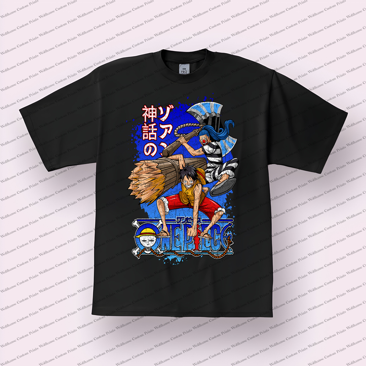 Luffy Duo with Blue-haired Axe Warrior Distressed Anime Graphic T-Shirt