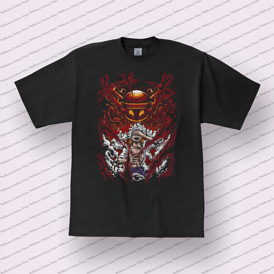 Luffy Gear 5 Laughing Red Flames Distressed Anime Graphic T-Shirt