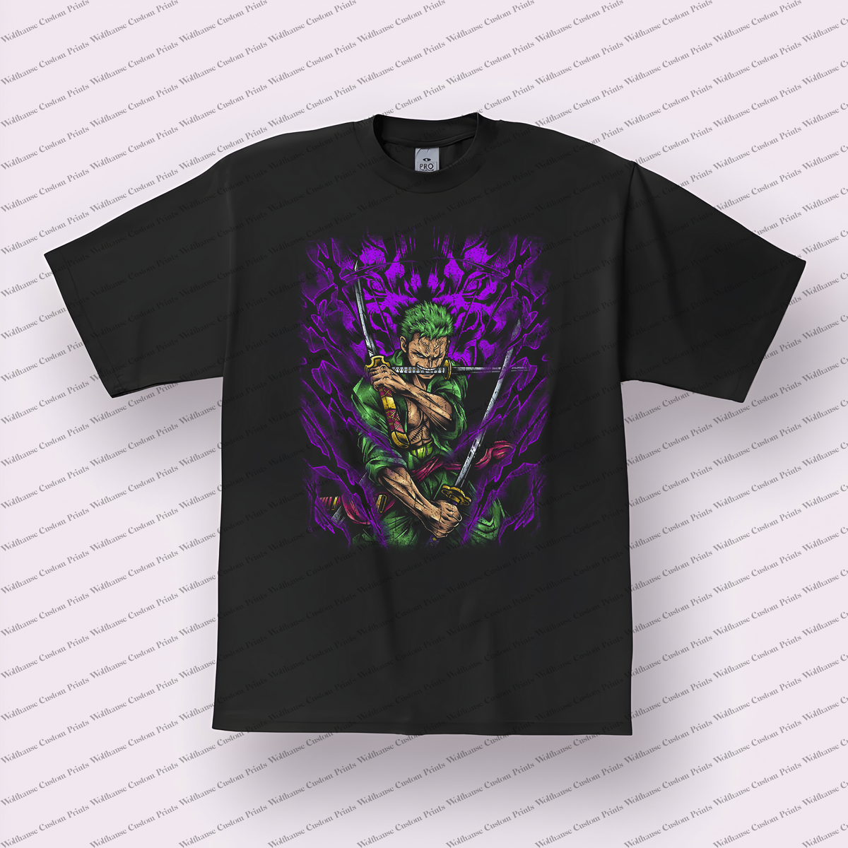 Zoro Three-sword Style Purple Flames Distressed Anime Graphic T-Shirt