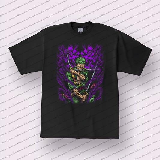 Zoro Three-sword Style Purple Flames Distressed Anime Graphic T-Shirt