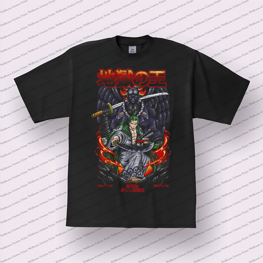 Zoro King of Hell Seated Red Flames Distressed Anime Graphic T-Shirt
