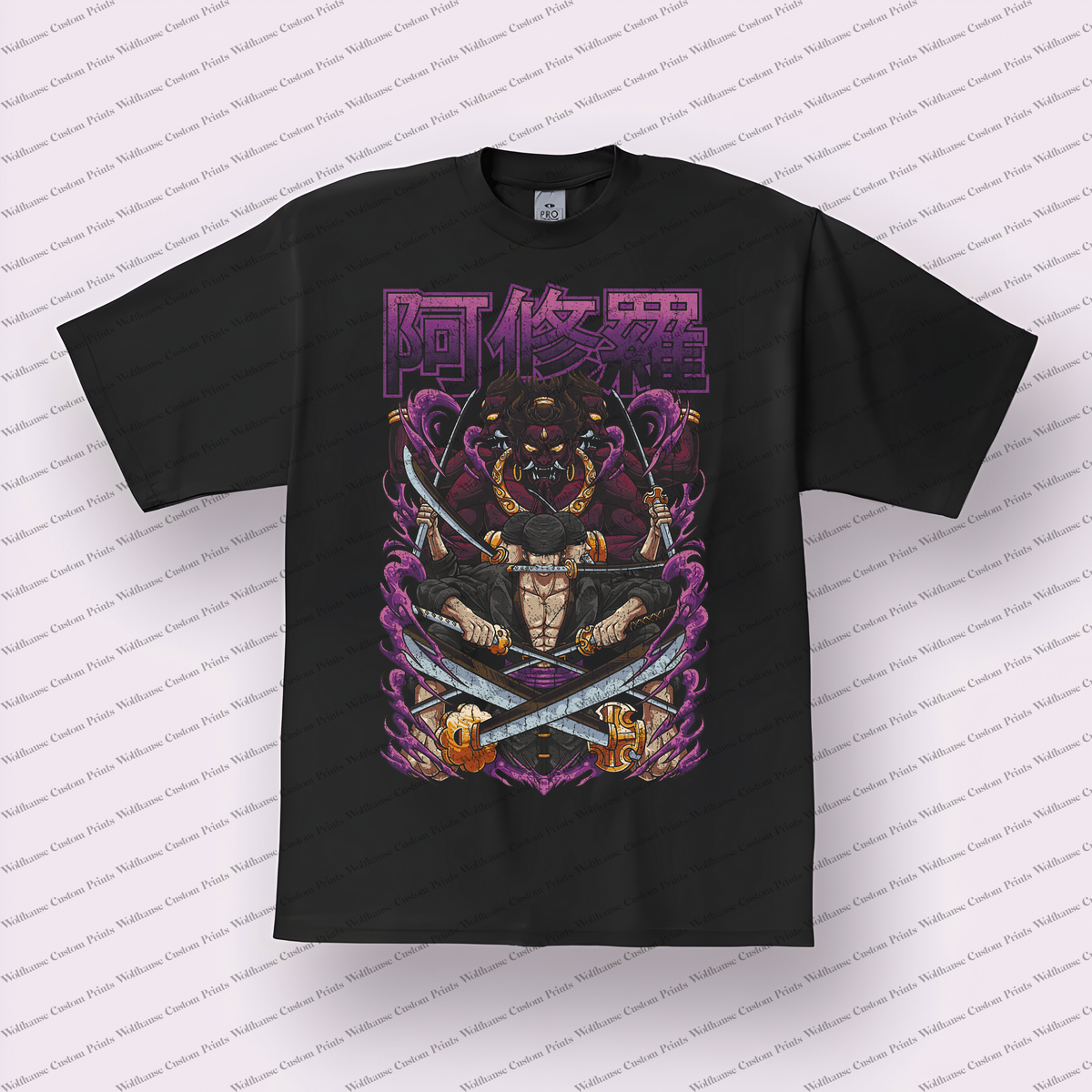 Zoro Ashura Three Swords Purple Demon Distressed Anime Graphic T-Shirt