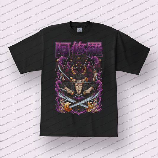 Zoro Ashura Three Swords Purple Demon Distressed Anime Graphic T-Shirt