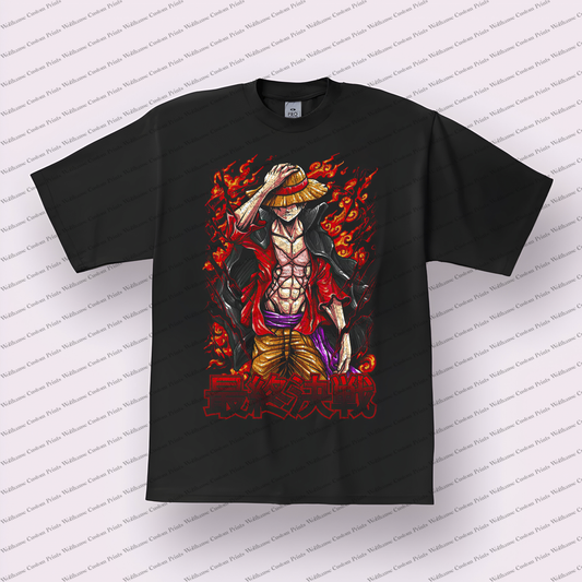 Luffy Straw Hat Flames Final Battle Distressed Anime Graphic T-Shirt