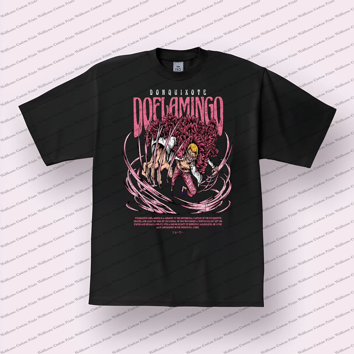 Doflamingo Pink Feather Coat Strings Distressed Anime Graphic T-Shirt