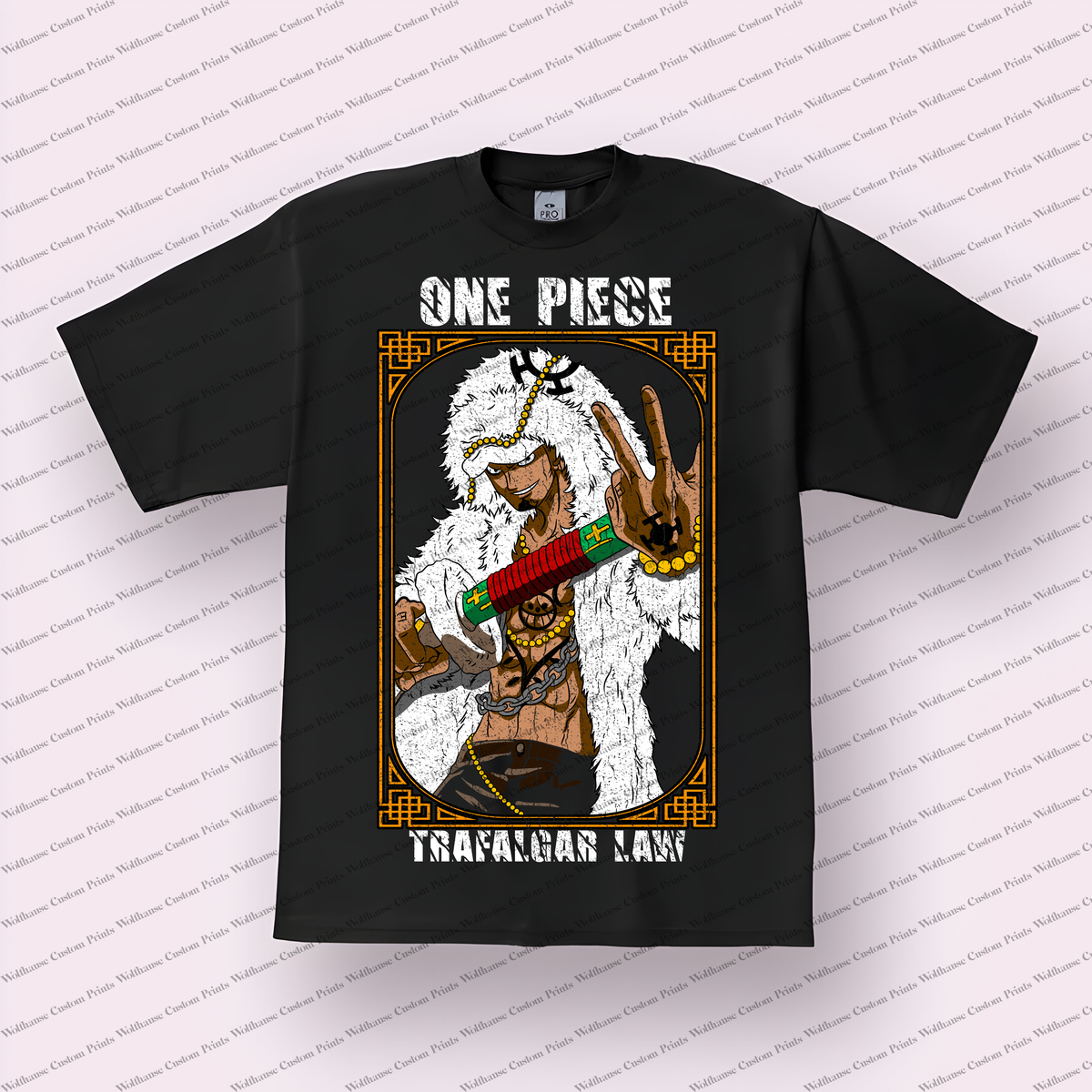 Law Fur Coat Peace Sign Distressed Anime Graphic T-Shirt