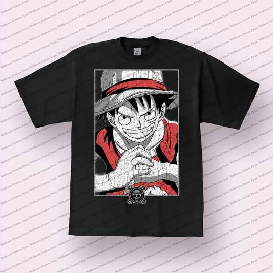 Luffy Framed Portrait Straw Hat Grin Distressed Anime Graphic T-Shirt