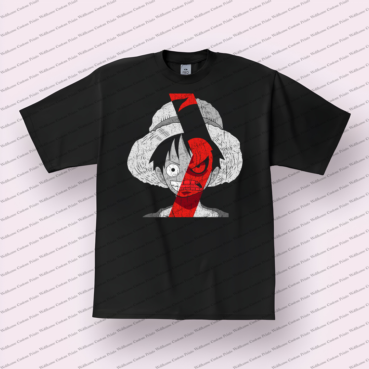 Luffy Split Face Red Black Distressed Anime Graphic T-Shirt