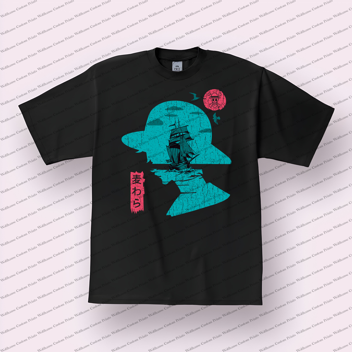 Luffy Straw Hat Silhouette Ship Distressed Anime Graphic T-Shirt