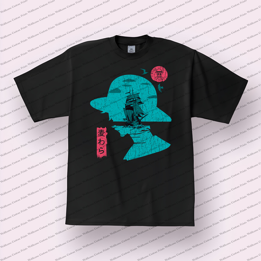 Luffy Straw Hat Silhouette Ship Distressed Anime Graphic T-Shirt