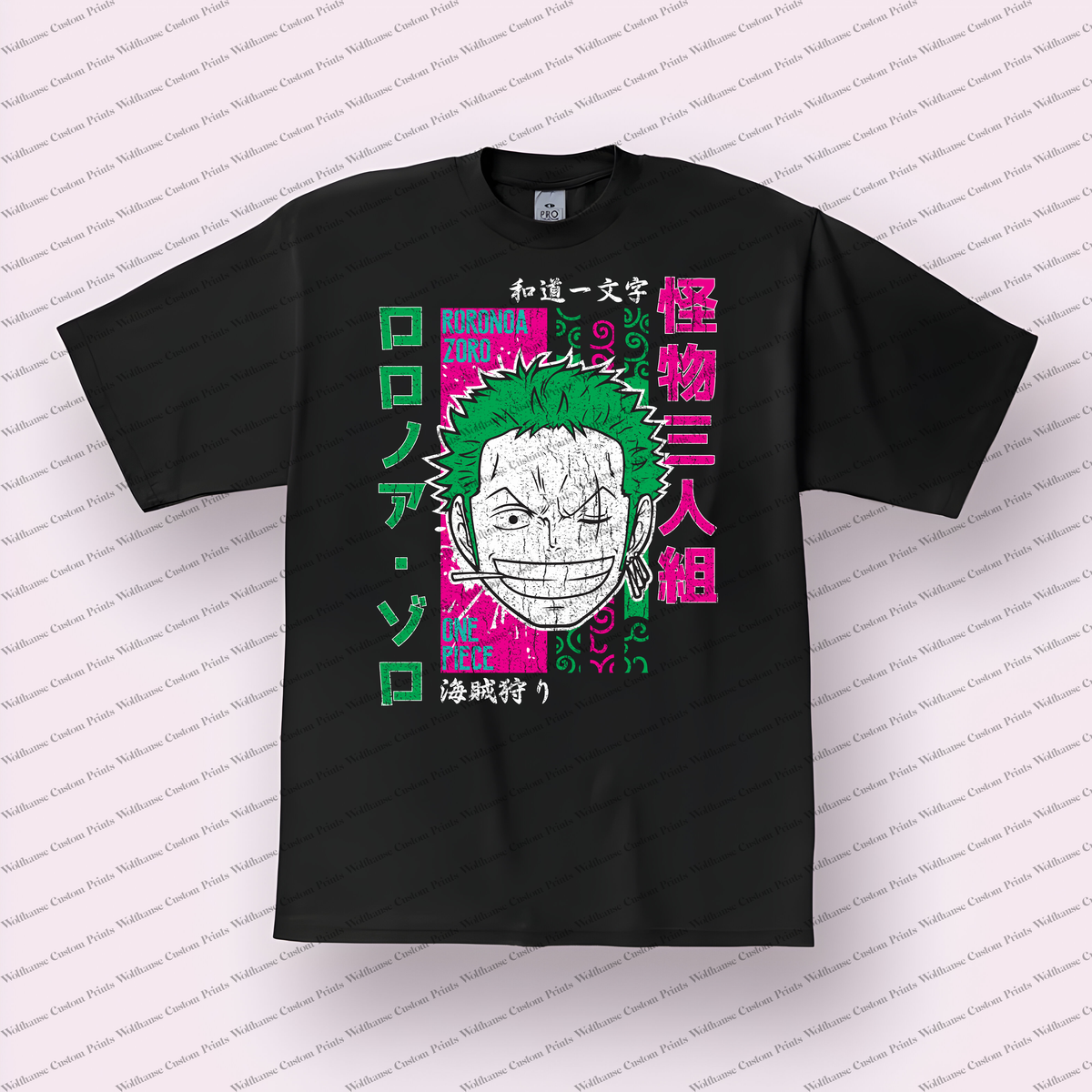 Zoro Face Close-up Green Purple Distressed Anime Graphic T-Shirt