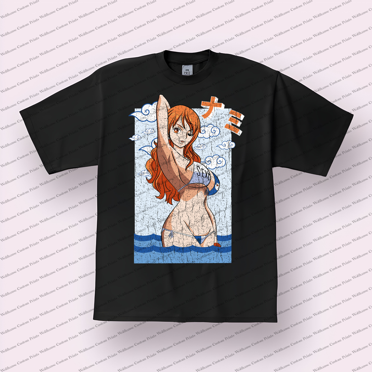 Nami Arm Raised Clouds Design Distressed Anime Graphic T-Shirt