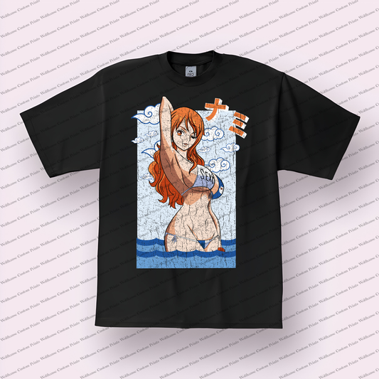 Nami Arm Raised Clouds Design Distressed Anime Graphic T-Shirt