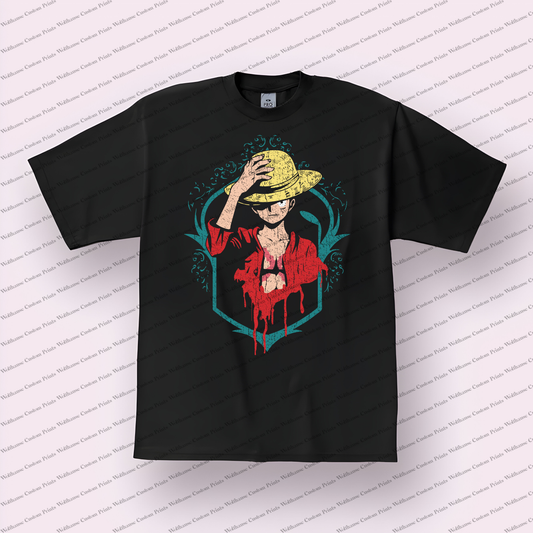 Luffy Drip Art Red Shirt Distressed Anime Graphic T-Shirt