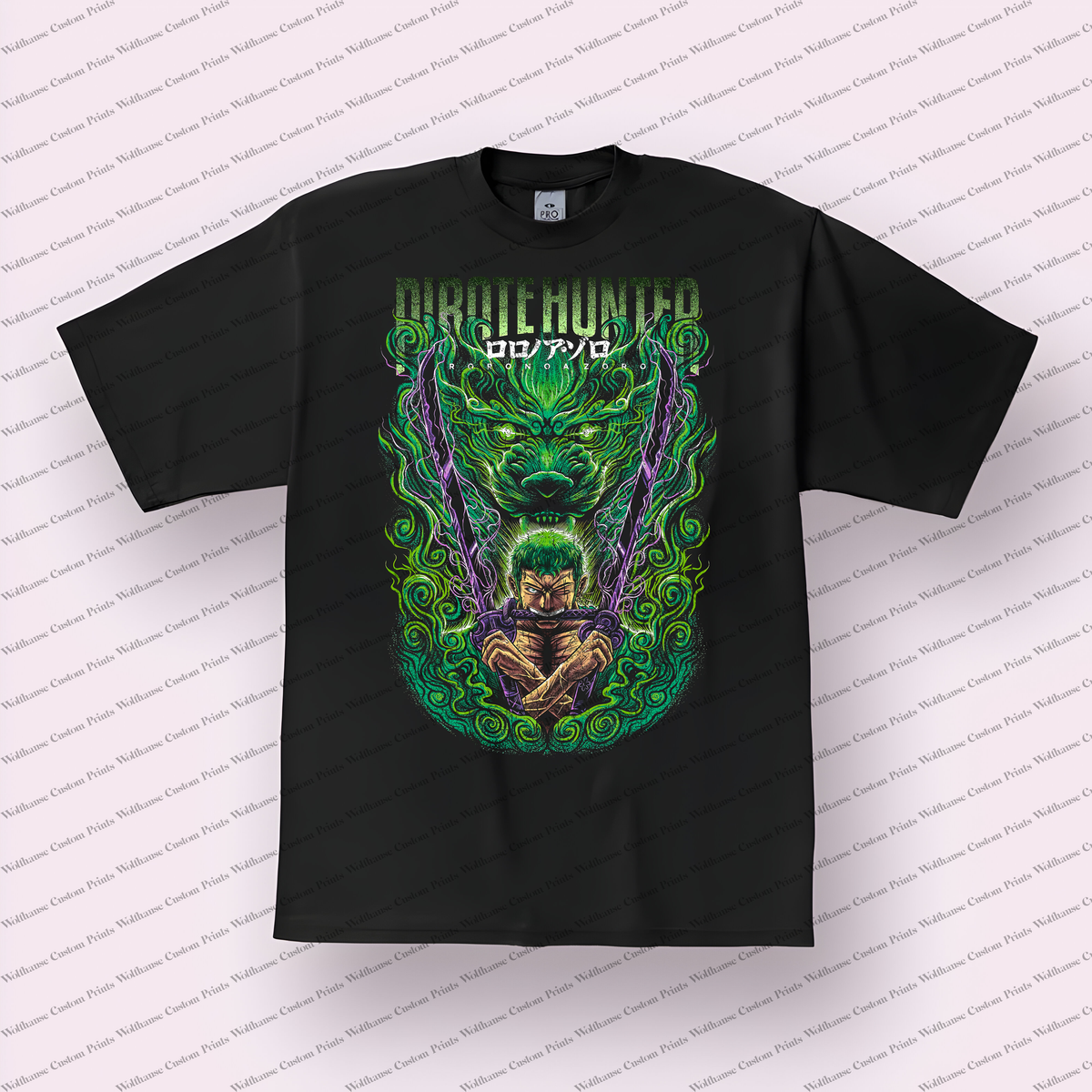 Zoro Pirate Hunter Demon Head Distressed Anime Graphic T-Shirt