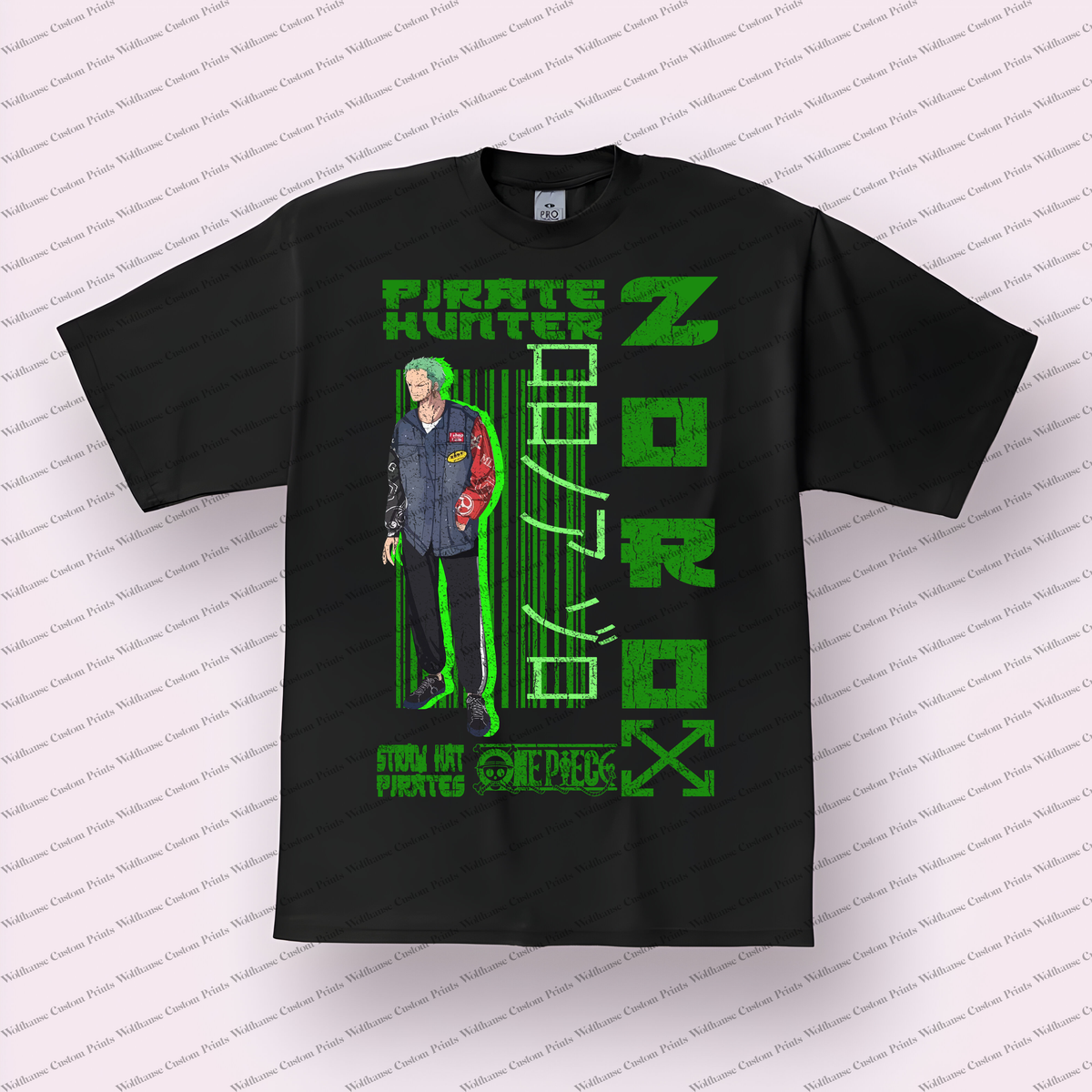 Zoro Streetwear Full Body Green Distressed Anime Graphic T-Shirt